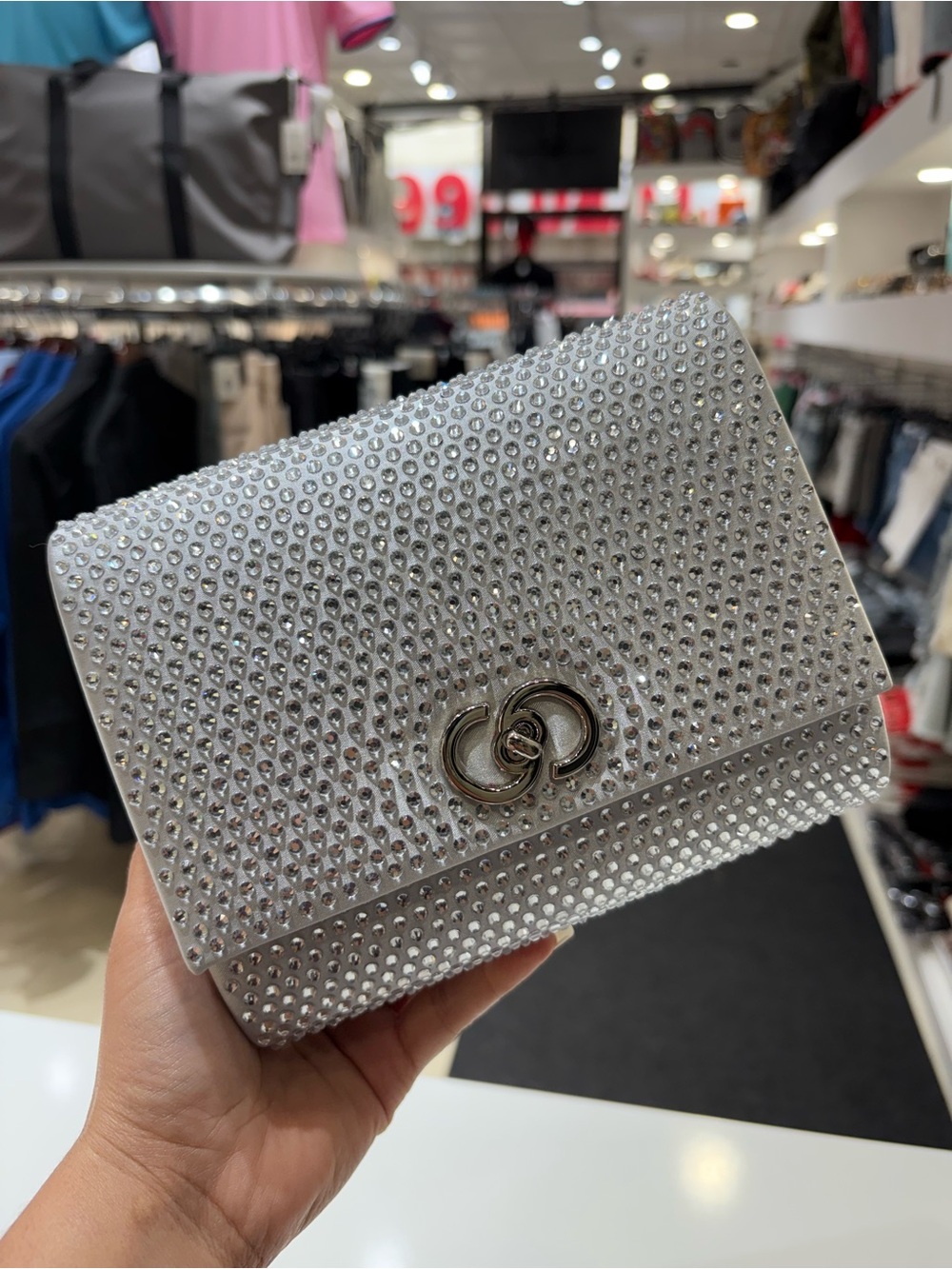 Silver Crystal Crossbody Clutch with Interlocking Ring Detail - Picture 1 of 7